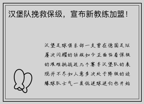 汉堡队挽救保级，宣布新教练加盟！