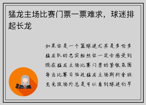猛龙主场比赛门票一票难求，球迷排起长龙
