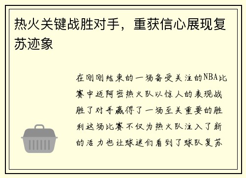 热火关键战胜对手，重获信心展现复苏迹象
